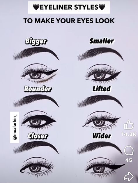 Best Eyeliner For Round Eyes, How To Make Eyes Look Longer, Downward Turned Eyes Makeup, Eyeliner For Glasses Wearers, Narrow Eyes Makeup, Eyeliner On Round Eyes, Eyeliner For Upturned Eyes, Eyeliner Placement, Upturned Eye Makeup