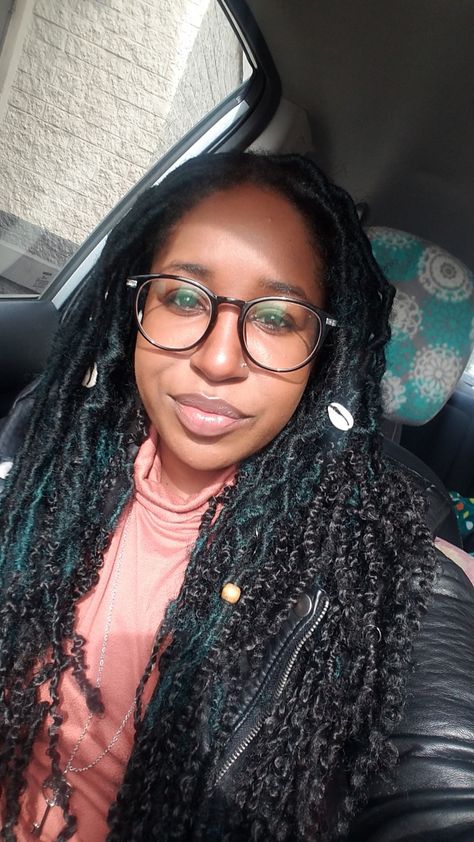 Teal/Black long faux locs with charm accessories Long Faux Locs, Charm Accessories, Faux Locs, Locs, Natural Hair, Natural Hair Styles, Hair Styles, Hair, Black