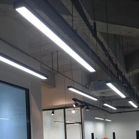 Exposed Ceiling Lighting Commercial, Led Tube Lighting Ideas, Linear Ceiling Light, Classroom Ceiling, John Proctor, Restaurant Exterior Design, Commercial Lighting Design, Celing Light, Led Aluminum Profile