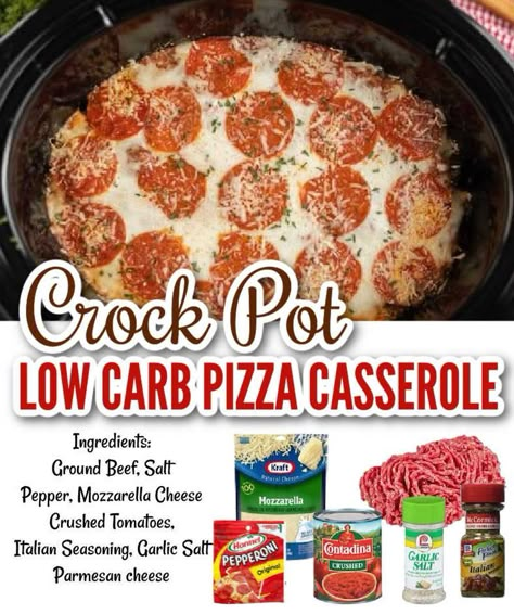 Low Carb Meals Crock Pot, Crock Pot Pizza Casserole, Casserole Crockpot Recipes, Pizza Casserole Recipe, Low Carb Crock Pot, Crock Pot Pizza, Low Carb Crockpot, Crustless Pizza, Casserole Crockpot