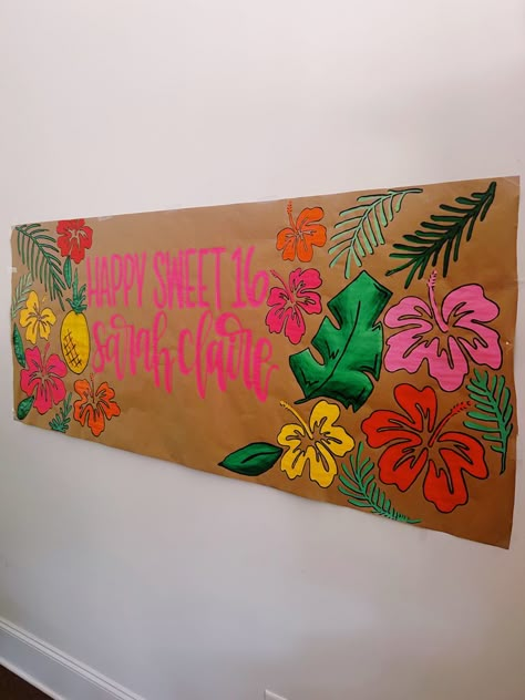 Hawaiian Sorority Theme, Hawaiian Parade Float Ideas, Hawaiian Signs Diy, Hawaii Sweet 16, Tropical Banner, Paper Banner Diy, School Spirit Posters, Grad Banner, Hawaiian Birthday Party