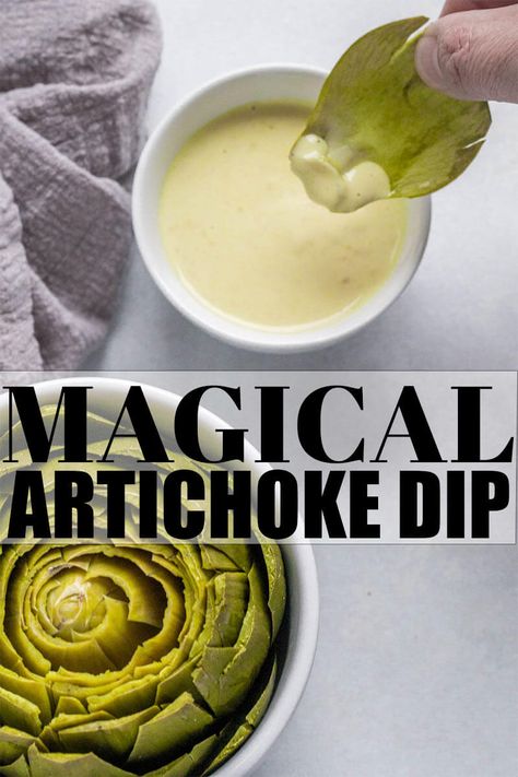 This Artichoke Dipping Sauce is amazing! It turns even the pickiest eater into a steamed artichoke lover and is made with ingredients that you probably already have on hand - Like magic! Artichoke Dipping Sauce, Steamed Artichoke, Dipping Sauce For Artichokes, Artichoke Sauce, Roasted Artichoke, Dipping Sauces Recipes, Artichoke Recipes, Artichoke Dip, Veggie Dishes