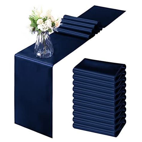 Horbaunal 12 Pack Navy Blue Satin Table Runner 12 x 108 Inch, Smooth Table Runners for Wedding Banquets Birthday Party Table Runners For Wedding, Navy Blue Table Runner, Satin Table Runner, Wedding Party Table Decorations, Blue Table Runner, Stained Table, Wedding Party Table, Round Tables, Blue Stain