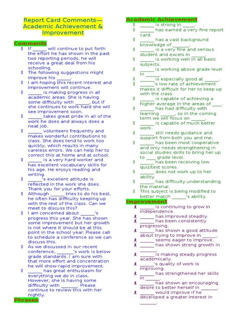 Report Card Comments—Academic Achievement & Improvement Comments        ... Progress Report Comments Kindergarten, Preschool Report Card Comments, Remarks For Report Card, Kindergarten Report Cards, Teacher Comments, School Report Card, Report Comments, Reading Process, Report Card Comments