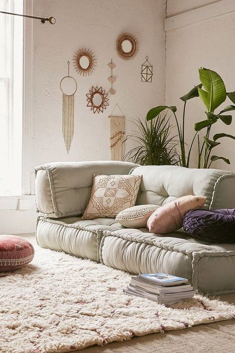 Gorgeous boho style lounge room - I love the floor cushion, the wall hangings and the large rug on the floor. Reema Floor Cushion, Bench Design, Interior Boho, Zen Room, Boho Styl, Design Salon, Floor Seating, Meditation Room, Styl Boho