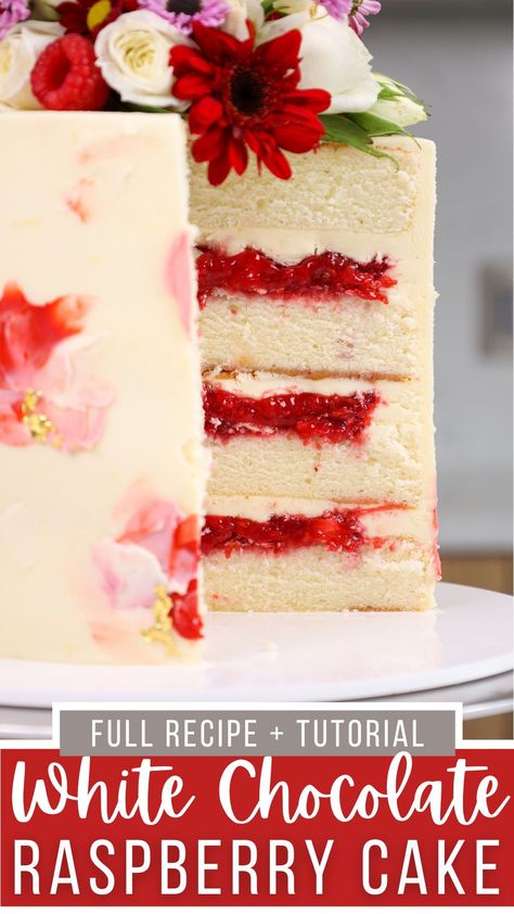 This white chocolate raspberry cake recipe is made with fluffy white cake layers and its white chocolate frosting is perfectly balanced with a tart raspberry filling! Filled Layered Cakes, Layered Filled Cake, Layered Cake With Filling, Red Velvet Cake With Raspberry Filling, White Chocolate Raspberry Filling, White Chocolate Cake With Raspberry Filling, White Chocolate Raspberry Layer Cake, Easy Layered Cake Recipes, Different Flavored Cakes