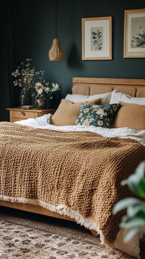 Discover 22 dark boho bedroom inspirations for a cozy and moody retreat. Embrace rich textures, earthy tones, and eclectic decor for a stylish and atmospheric space. Boho Academia Aesthetic, Bedroom With Dark Accent Wall, Earthy Moody Bedroom, Dark Green Boho Bedroom, Moody Boho Bedroom, Masculine Boho Bedroom, Dark Boho Bedroom, Dark Green Boho, Boho Bedroom Inspirations