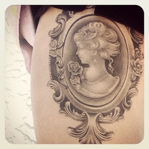 Happy #tattootuesday :) keep looking forward. #cameotattoo #cameo #thightattoo #inked #inkedandproud #blackandwhite Victorian Tattoos, Perfume Bottle Tattoo, Cameo Tattoo, Frame Tattoo, Underarm Tattoo, Tat Inspiration, Left Arm Tattoos, Framed Tattoo, Bottle Tattoo