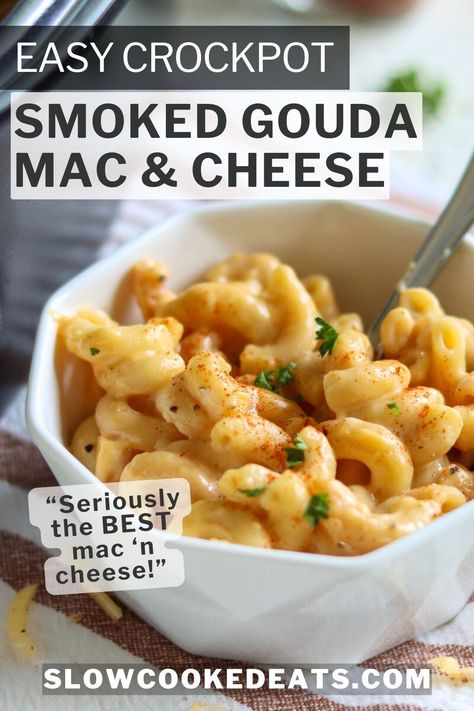 You'll love this cheesy creamy crock pot mac and cheese with smoked gouda! We think it's the best macaroni and cheese ever. It's easy to make with dry pasta right in your slow cooker. Smoked paprika elevates the smoky taste but you can use regular if you want! Crockpot Gouda Mac And Cheese, Crockpot Mac And Cheese Recipe, Smoked Gouda Mac And Cheese, The Best Macaroni And Cheese, Gouda Mac And Cheese, Crock Pot Mac And Cheese, Crockpot Mac N Cheese Recipe, Crockpot Side Dishes, Slow Cooker Pasta Recipes