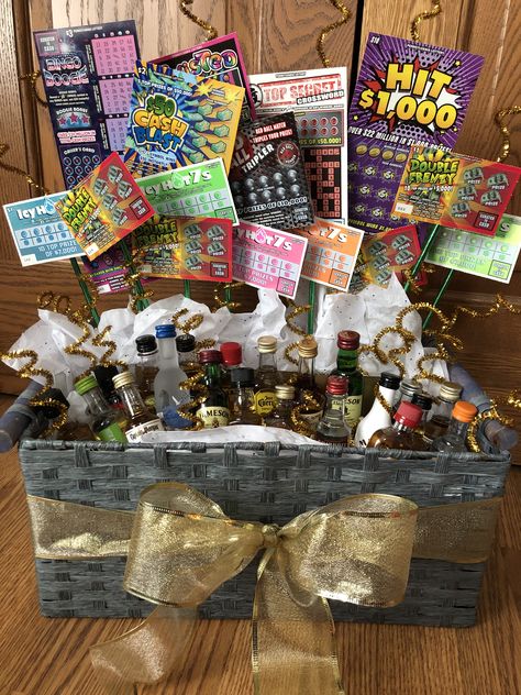 Lottery tickets and mini liquor...great basket prize to win! Lottery Ticket Gift Basket, 40th Birthday Man, Alcohol Basket, Lottery Ticket Bouquet, Raffle Gift Basket Ideas, Lottery Ticket Gift, Alcohol Gift Baskets, Anniversary Bouquet, Auction Gift Basket Ideas