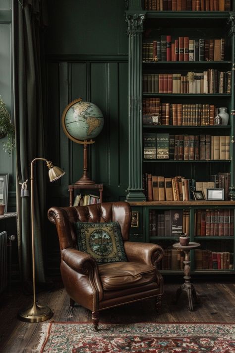 Use these ideas if you want to create a dark feminine, dark acadmia vibe in your home. Dark Green Academia Room, Moody Green Study, Green Wall Library, Dark Green Home Office Ideas, Dark Green Study Room, Dark Academia Farmhouse, Dark Green Office Aesthetic, Dark Home Office Aesthetic, Dark Cottagecore Office