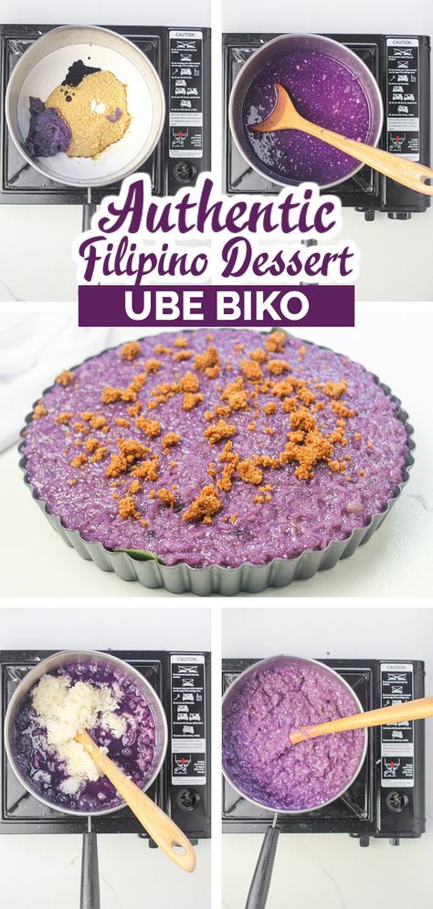 Filipino Ube Biko cooked in a saucepan using a wooden ladle Ube Biko Filipino Recipe, Ube Biko, Sticky Rice Cake Recipe, Rice Dessert Recipes, Biko Recipe, Ube Halaya, Filipino Dessert Recipes, Sticky Rice Cake, Pinoy Dessert