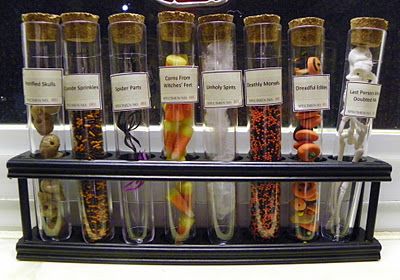 What's brewin in your caudron? Halloween Test Tube Decor, Test Tube Crafts, Potion Jars, Lab Decorations, Tube Crafts, Witches Tea, Spell Bottles, Scientist Party, Halloween Jars