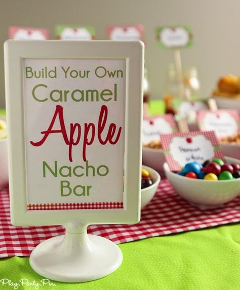 Hosting an apple party is easier than slicing an apple with these fun apple party ideas! With everything from apple party decorations to a caramel apple bar, you'll have everything you need for an amazing apple extravaganza. Apple Party Ideas, Apple Nacho Bar, Nacho Bar Ideas, Apple Theme Parties, Candy Apple Bars, Bar Printables, Apple Party, Apple Bar, Taffy Apple