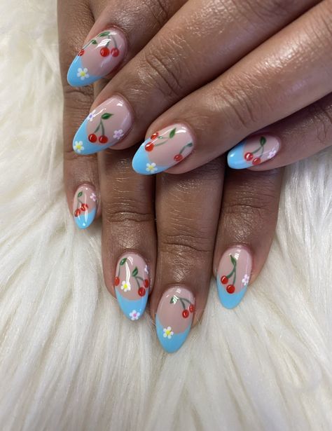 #nails #nailart #naildesign #summer #love #fashion #cherry blue #flowers Cherry And Heart Nails, Blue And Cherry Nails, Cherry And Flower Nails, Vintage Flower Nails, Blue Fruit Nails, Blue Nails With Cherries, French Nails With Cherries, Heart Cherry Nails, Blue Cherry Nails