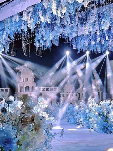 Debut Blue Theme, Ceiling Draping Wedding, Princess Wedding Theme, Reception Ceiling, Debut Theme, Frozen Wedding, Baby Blue Weddings, Blue Wedding Decorations, Birthday Night