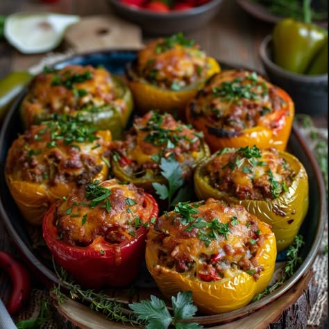 Romanian Stuffed Peppers Recipe Ingredients For the Peppers: 8 large bell peppers (assorted colors: red, yellow, green) 1 pound ground beef 1 cup cooked rice 1 large onion, finely chopped 2 cloves garlic, minced 1 medium carrot, grated 1 can (14.5 ounces) diced tomatoes, drained 1/2 cup fresh parsley, chopped 1 teaspoon dried thyme 1 teaspoon paprika 1 teaspoon salt 1/2 teaspoon black pepper 1 cup shredded cheddar cheese (optional for topping) Fresh parsley, chopped, for garnish For the Toma... Cooked Peppers Recipe, Red Yellow Pepper Recipe, Stuffed Bell Peppers Recipe, Paprika Recipes, Basil Salt, Stuffed Peppers Recipe, Bell Pepper Recipes, Christmas Meals, Dried Basil