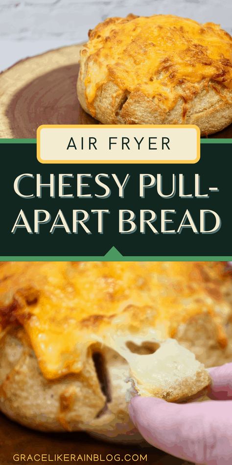 Air Fryer Cheesy Pull-Apart Bread is a simple appetizer that cooks in only minutes in the air fryer. You're going to love the combo of butter, garlic, and three kinds of cheese in this bread loaf. | Bread boule topped with butter garlic cheese | Three cheese bread boule | Three Cheese Pull-Apart Bread | Air Fryer Three Cheese Bread Boule | Pull-apart bread in the air fryer | garlic butter bread air fryer | cheesy Bread air fryer | Air Fried Bread | Air Fry Bread | bread brie cheddar mozzarella Pepperoni Cheese Bread, Bread Boule, Pull Apart Cheese Bread, Garlic Butter For Bread, Pull Apart Loaf, Cheesy Bread Recipe, Cheese Pull Apart, Pull Apart Garlic Bread, Cheesy Pull Apart Bread