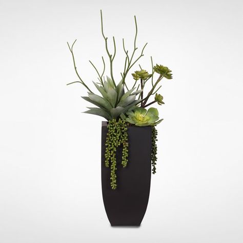 Botanical Succulent Variety in a Tall Black Modern Metal Planter Silk Orchids Arrangements, Silk Orchids, Fake Plants Decor, Artificial Plants And Trees, Faux Floral Arrangement, Silk Plants, Modern Planters, Artificial Succulents, Silk Flower Arrangements