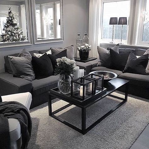 House inspiration 😍 #home #decor #homedecor #houseideas #roomideas Black And Grey Living Room, Cozy Grey Living Room, Black Living Room Decor, Grey Living Room, Black And White Living Room, First Apartment Decorating, Black Living Room, White Living, Living Room Decor Cozy