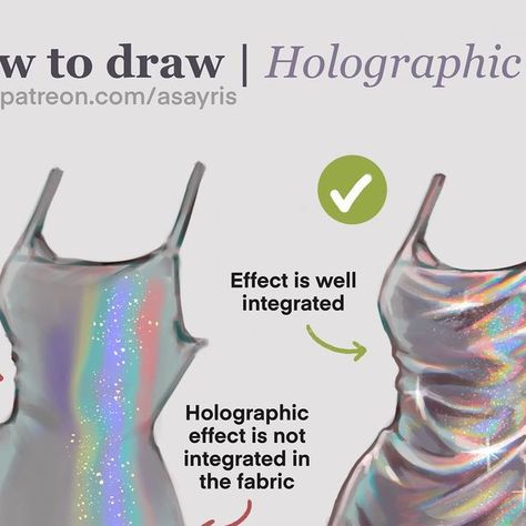 Holographic Clothes, Draw Dress, Holographic Dress, Polish Dress, Holographic Hair, Concept Ideas, Dress Tutorials, Dress Drawing, Digital Painting Tutorials