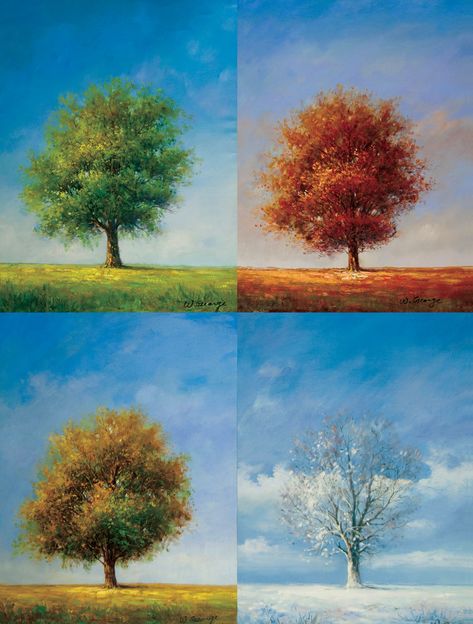 Tree Seasons Painting, Four Seasons Acrylic Painting, 4 Seasons Watercolor, 4 Season Painting Ideas, Four Season Tree Painting, Four Seasons Painting Easy, Changing Seasons Art, The Four Seasons Art, Seasons Paintings On Canvas