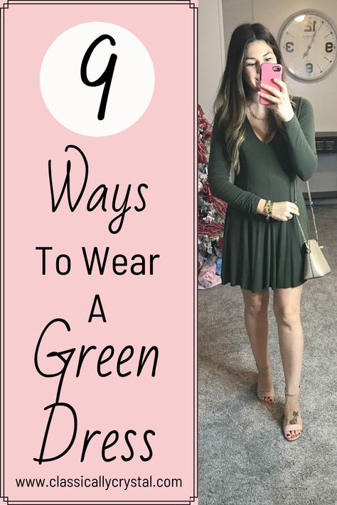 I style a green dress 9 different ways for you to find the perfect outfit inspiration. Green Dress With Black Tights, How To Style A Green Dress, Green Dress With Tights, Green Dress Outfit Ideas, Glitter Dress Outfit, Dress With Tights Outfit, Dress In The Winter, Outfit With Tights, Shoes With Shorts