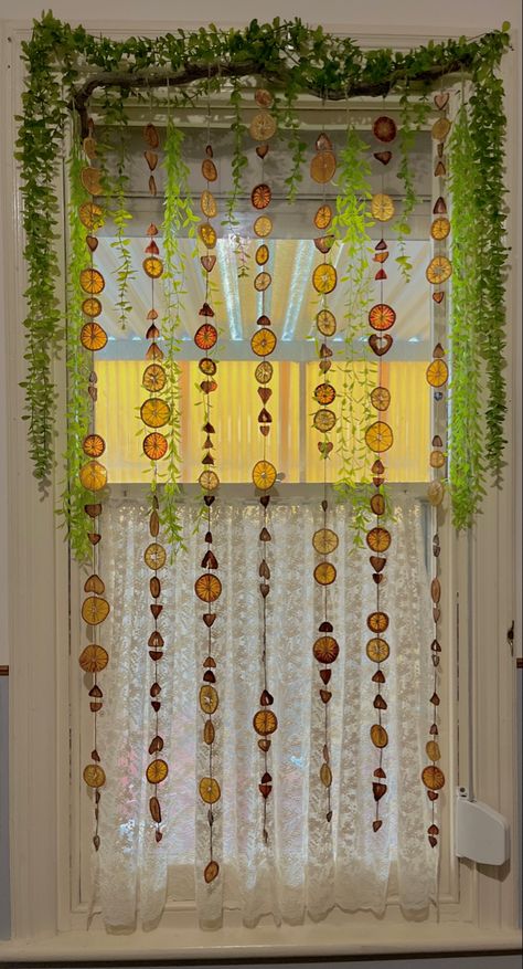 Whimsical Curtain Ideas, Window Treatments Small Windows, Dried Fruit Curtain, Cottagecore Kitchen Decor Diy, Goblincore Curtains, Alternative Curtain Ideas, Window Beads Diy, Cottage Core Curtain Ideas, Cottagecore Kitchen Curtains