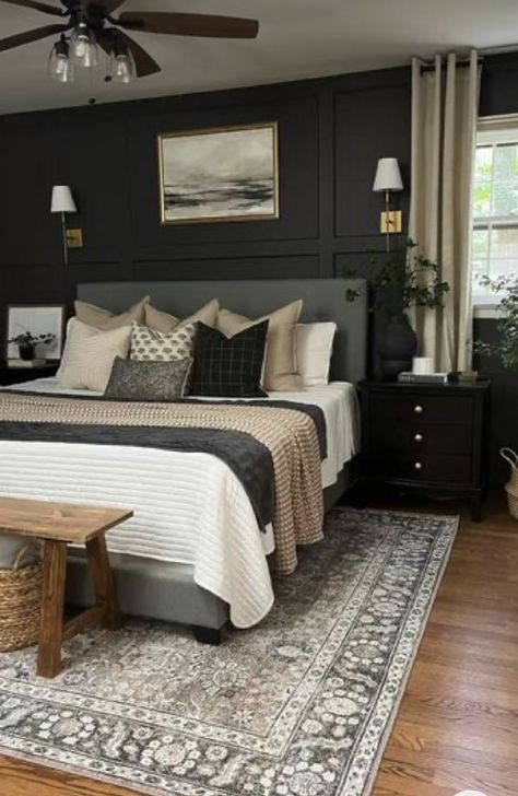 Black Wall Master Bedrooms Decor, Dark Main Bedroom Ideas, Dark Gray Bedroom Accent Wall, Moody Small Master Bed, Half Black Wall Bedroom, Moody Guest Room, Dark Grey Accent Wall Bedroom, Bedroom Inspirations Small Room, Dark Wood Bed Frame With Black Comforter