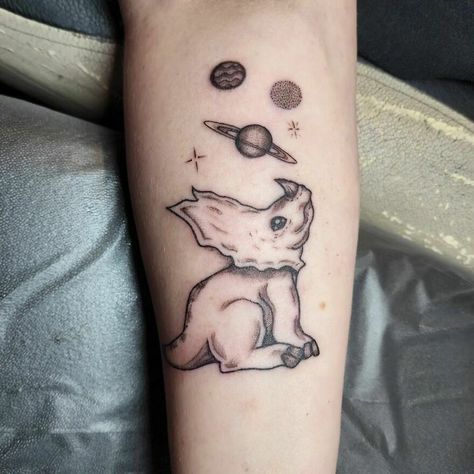 Dinosaur In Space Tattoo, Space Dinosaur Tattoo, Tattoos Silly, Cute Dinosaur Tattoo, Space Themed Tattoos, Triceratops Tattoo, Astronaut Tattoos, Dino Tattoos, Space Tattoo Ideas