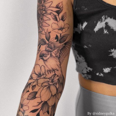 Sparrow Sleeve Tattoo, Swallow Sleeve Tattoo, Sparrow Tattoo With Flowers, Sparrow Flower Tattoo, Simple Full Sleeve Tattoo, Women’s Inner Bicep Tattoo, Vine And Flower Tattoo Sleeve, Pollinator Tattoo Sleeve, Bird Arm Tattoos For Women