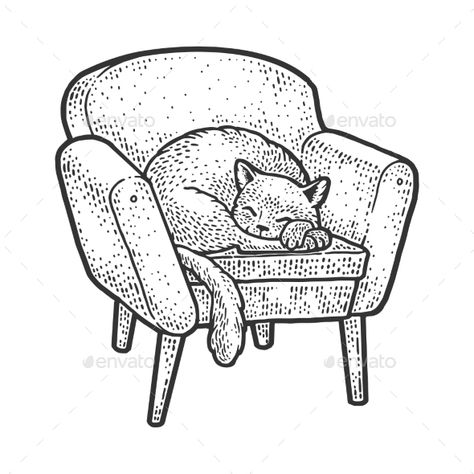 Armchair Drawing Sketch, Cat On Couch Drawing, Armchair Tattoo, Cat Sleeping On Back, Armchair Sketch, Armchair Drawing, Cat In Chair, Bujo Mai, Fish Tank Drawing