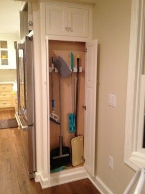 Cabinet Next To Fridge, Broom Cabinet, Snack Cabinet, Pantry Closet Design, Deep Closet, Utility Closet, Broom Closet, Utility Cabinets, Kitchen Pantry Cabinets