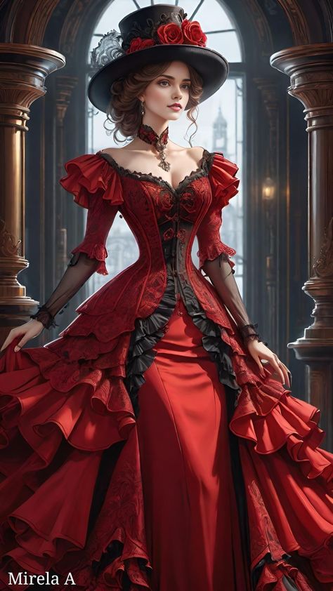 Elegant Vampire Dress, Red Vintage Dress, Crimson Peak Fashion, Old Dresses Vintage, Elegant Red Victorian Dress With Fitted Bodice, Red Gothic Victorian Dress Costume, Red Fitted Gothic Victorian Dress, Red Victorian Dress With Fitted Bodice, Pirate Wedding Dress