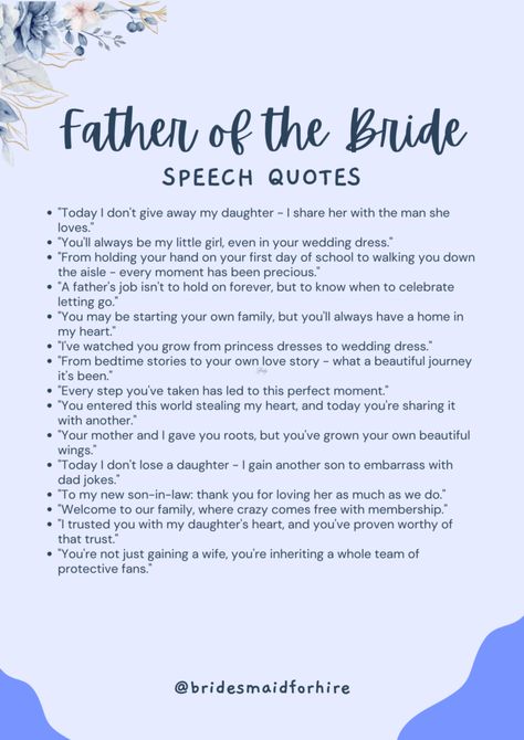 Father Of The Bride Speech Ideas, Wedding Speech Quotes, Father Of The Bride Speech, Newlywed Card, Speech Quotes, Quotes Father, Speech Quote, Bride Speech, Wedding Prayer