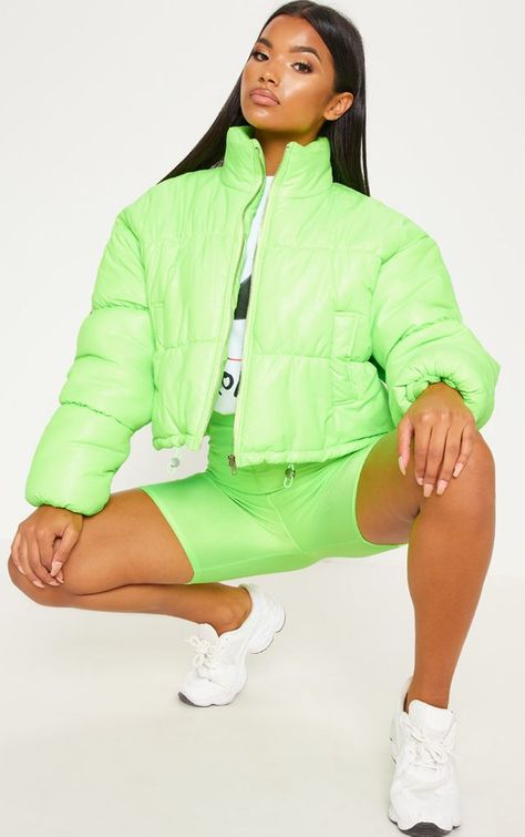 Lime Cropped Neon Puffer Jacket Green Puffer Jacket, Puffer Jacket Outfit, Green Puffer, Test Shoot, Neon Outfits, Winter Puffer, Cropped Puffer Jacket, Green Vest, Green Fits