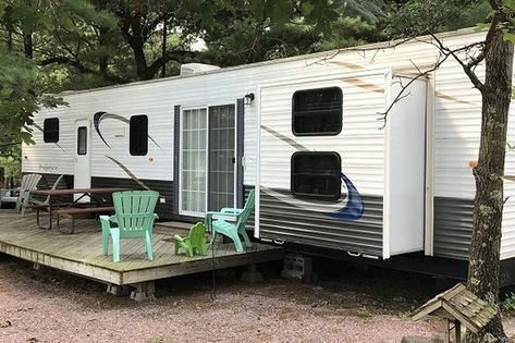 Permanent RV Setup: Setting Up a Travel Trailer Permanently Rv Decks, Old Refrigerator, Cement Blocks, Trailer Life, Retirement House, Pressure Treated Wood, Rv Living Full Time, Camper Makeover, Camper Living