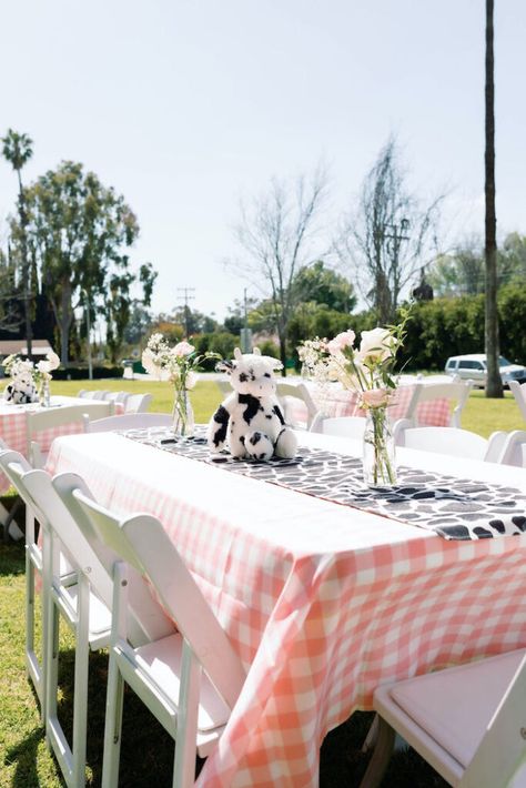 Holy Cow She’s One 1st Birthday Party | Kara's Party Ideas Pink Barn Backdrop, Girl Farm Birthday Party, Girls Farm Birthday, Barn Backdrop, Cow Cake, Rodeo Birthday Parties, Cow Birthday Parties, Cowgirl Baby Showers, Farm Themed Party