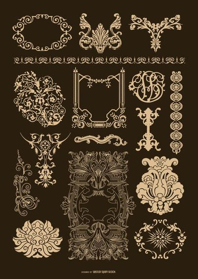 This set includes quite a few cool antique ornamentation designs in baroque/victorian/rococo style. Great to decorate your designs, wedding invitations or certi Architecture Baroque, Art Baroque, Rococo Art, Ornament Drawing, Baroque Ornament, Baroque Design, Baroque Pattern, Baroque Art, Baroque Architecture