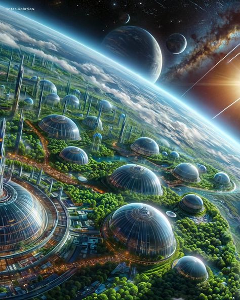 🌟🌱Stellar Sanctuaries: Sustainable Habitats in the Cosmos🌌 In the vast expanse of space, futuristic civilizations have established Stellar Sanctuaries, eco-friendly space cities encased within protective domes on alien planets. These sustainable habitats are powered by renewable energy sources such as solar and wind, while advanced recycling systems ensure that resources are used efficiently and waste is minimized. With lush gardens and tranquil parks, Stellar Sanctuaries provide a peaceful ... Space Futuristic, Alien Planets, Solar City, Scifi Artwork, Renewable Energy Sources, Future Earth, Concept Vehicles Sci Fi, Eco City, Sci Fi City