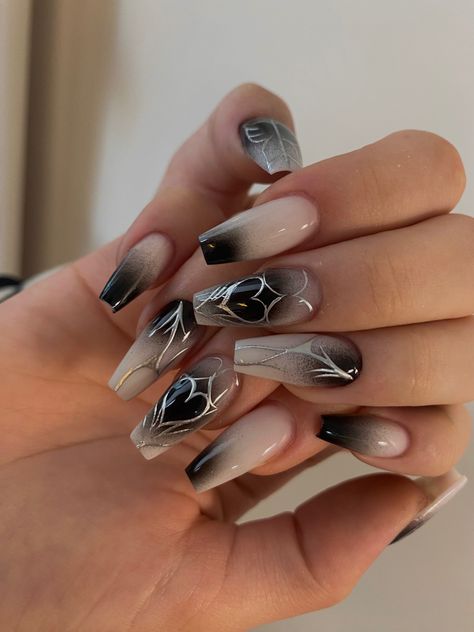 Dark Color Nails, Black Silver Nails, Rave Nails, Witchy Nails, Punk Nails, Sassy Nails, Goth Nails, Simple Gel Nails, Y2k Nails