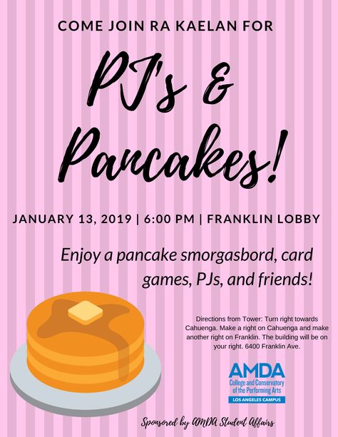 My poster for my PJs and Pancakes RA event! Resident Appreciation Week Ideas Apartments, Resident Life Events, Resident Events Apartments, Dorm Floor Event Ideas, College Ra Activities, College Sga Events, Apartment Event Ideas, Nursing Home Event Ideas, Ra Community Events