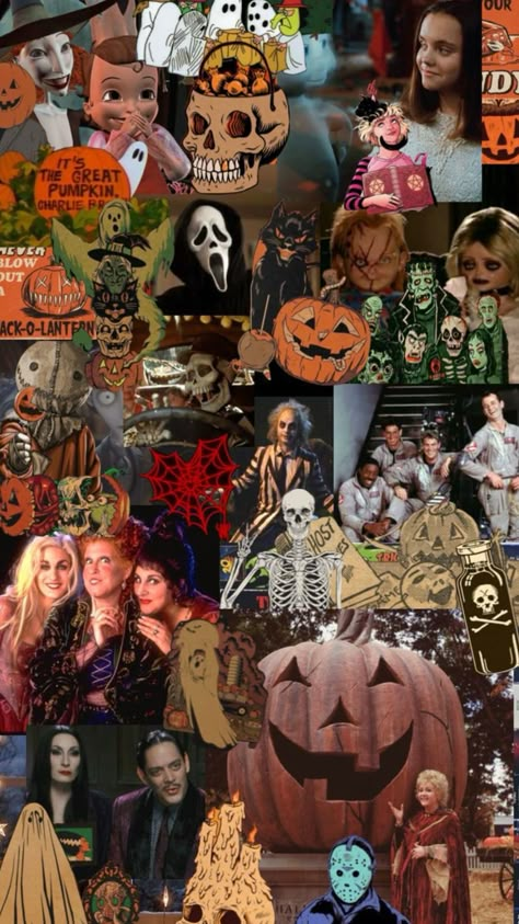 Happy spooky season y’all! Halloween Wallpapers Collages, 80s Halloween Wallpaper, Halloween Backgrounds Collage, Halloween Collage Aesthetic, Halloween Movie Collage, Halloween Movies Wallpaper, Halloween Movie Wallpaper, Fall Halloween Aesthetic Wallpaper, Halloween Town Wallpaper