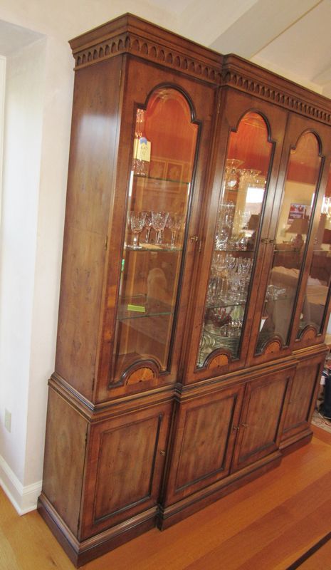 Henredon 18th Century Portfolio style 2 piece breakfront china cabinet with lighted interior and adjustable glass shelves, 84"Tx76"Wx16"D. Breakfront China Cabinet, Glass Shelves, China Cabinet, Auction, Shelves, Glass, Furniture, Home Decor