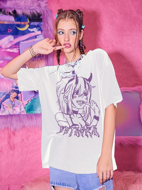 Oversized Tee Outfit, Drop Shoulder Tee, Tee Outfit, Women T Shirts, Oversized Tee, White Casual, Women Tops, Anime Figures, Half Sleeve