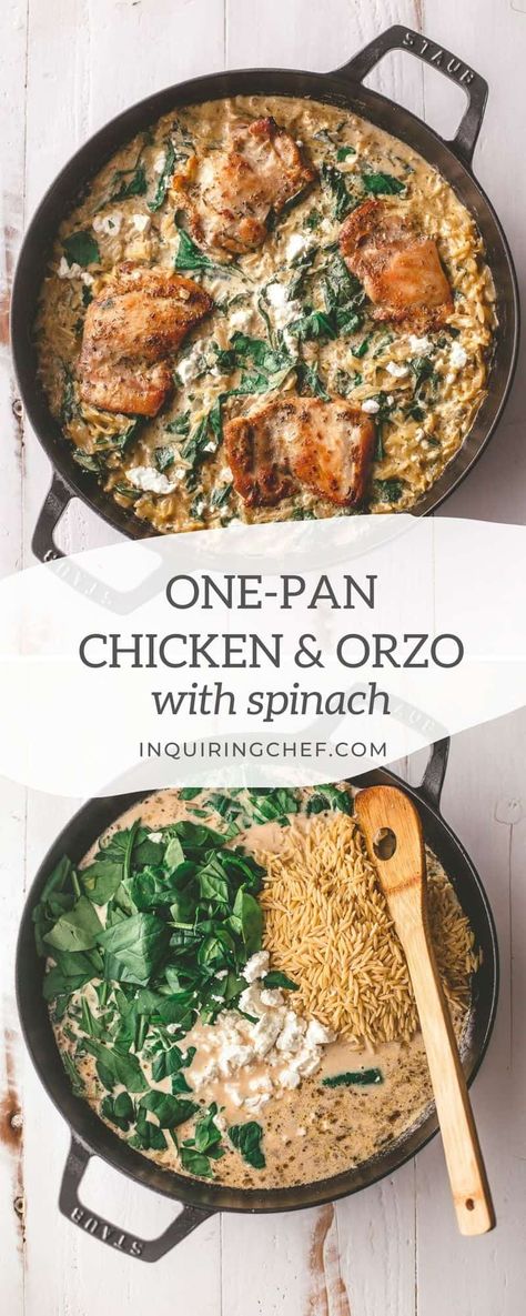 Tender chicken is baked over creamy orzo pasta with goat cheese and spinach in this one-pan meal that the whole family will love! Orzo With Spinach, Creamy Orzo Pasta, Chicken And Orzo, One Pan Recipe, Creamy Orzo, Goat Cheese Stuffed Chicken, Recipes List, One Pan Meal, Creamy Goat Cheese