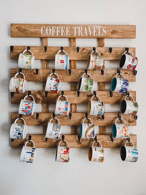 Coffee Mug Pegboard, Mug Hanger Wall, Mug Rack Ideas, Coffee Mug Storage, Plastic Bottle Crafts Diy, Coffee Mug Display, Store Shelves Design, Diy Pallet Sofa, Coffee Bar Design