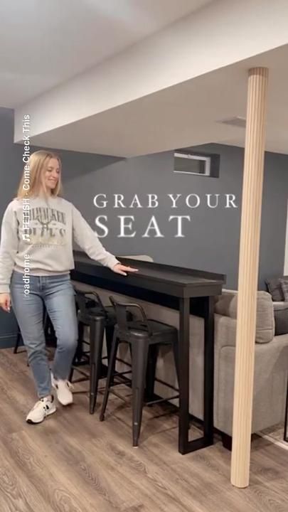 Lydia | Quilroadhome on TikTok Bar Table Behind Couch, Bar Behind Couch, Diy Bar Table, Table Behind The Couch, Bar Top Table, Bar Table Diy, High Top Bar Table, Bar Top Tables, Table Behind Couch