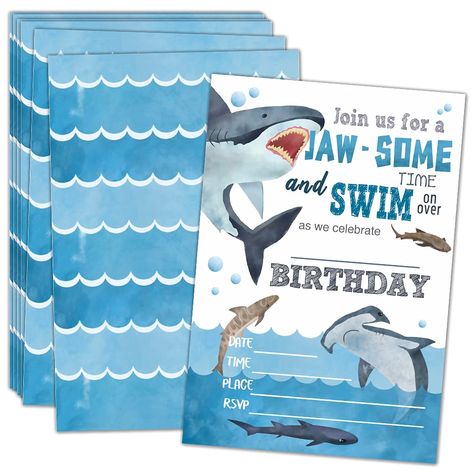 PRICES MAY VARY. Sufficient Quantity: Includes 20 invitations and 20 white envelopes! Delight Your Guests. Send out these Birthday Party Invitation Sets to invite your family or friends to your baby’s Birthday Party! Your baby’s Birthday Party will be fantastic with this gorgeous Shark theme Invitations! Incomparable Design: With this Shark style design the baby’s Birthday Party Invitation is so attractive that everyone received this would like to be with you in the special day, the ”DATE,TIME,P Shark Birthday Party Invitation, Shark Party Decorations, Kids Birthday Party Themes, Shark Birthday Invitations, Bday Themes, Ocean Birthday, Shark Birthday Party, Shark Themed, Birthday Dates