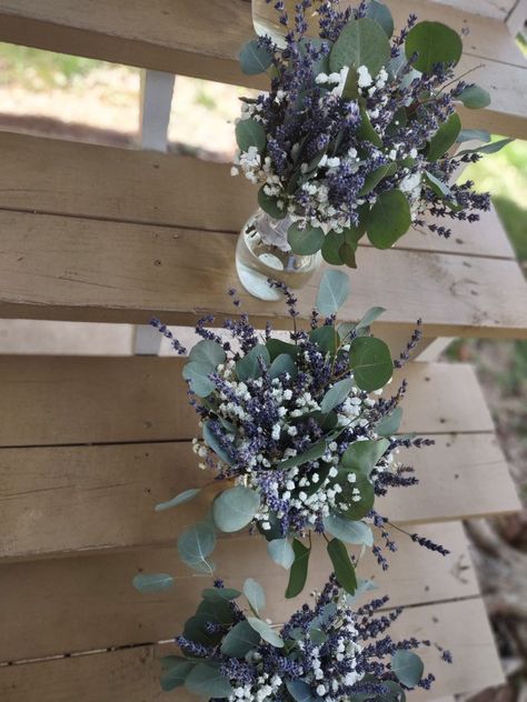 Lavender Eucalyptus Wedding Cake, Pine And Lavender Wedding, Simple Lavender Wedding Decor, Sage Green And Lavender Bouquet, Diy Lavender Wedding Decor, Wedding Bouquet Lavender Eucalyptus, Lavender Babysbreath Bouquet, Lavendar Bouquets Bridesmaid, Lavender And Eucalyptus Wedding Centerpieces